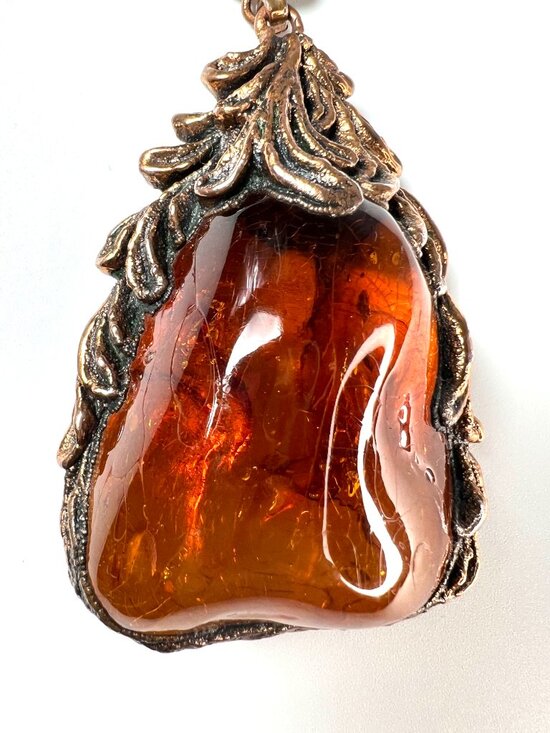 This is a Baltic Amber art nouveau  Antique Large Pendant Brutalist Baltic Amber/Bronze Art‎ Noveau Style Necklace